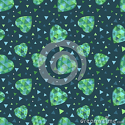 Scattering of green emeralds in the shape of a heart, the facets are blue and green. Seamless vector background for design Vector Illustration