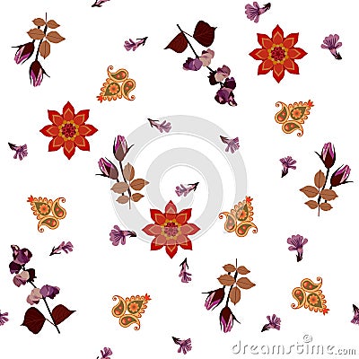 A scattering of small lilac flowers, rosebuds, sprigs of dolichos lablab, bright red mandalas and multicolored paisley Vector Illustration