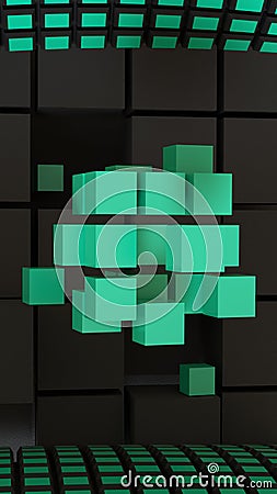 Scattering turquoise cubes against the background of a wall of dark boxes. Abstract geometry. 3D rendering. Stock Photo