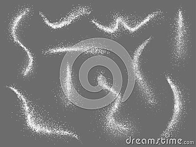 Scatters salt or sugar, white realistic crystals mineral. Sieved flour dust, snow granules. Chalk or baking soda Vector Illustration