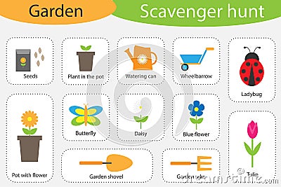 Scavenger hunt, garden theme, different colorful pictures for children, fun education search game for kids, development for Stock Photo