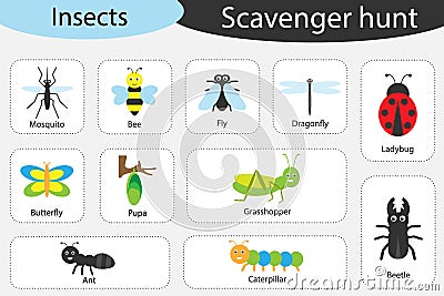 Scavenger hunt, insects theme, different colorful pictures for children, fun education search game for kids, development for Stock Photo