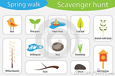 Scavenger hunt, spring walk, different colorful pictures for children, fun education search game for kids, development for Stock Photo