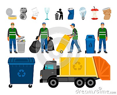 Scavengery, trash and garbage colored icons. Trash truck and garbage can, scavenger and household waste Vector Illustration