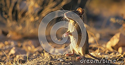 A scavenging rat standing on its hind legs determined to survive and find sustenance amidst the drought Stock Photo