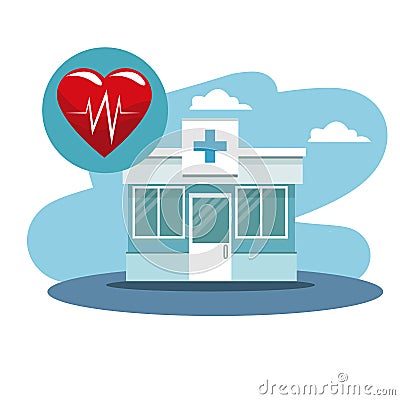 Sceen facade hospital and heartbeat icon Vector Illustration