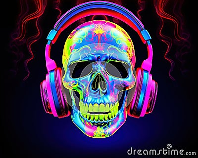 Sceleton in neon colors with headphones listening to music. Stock Photo