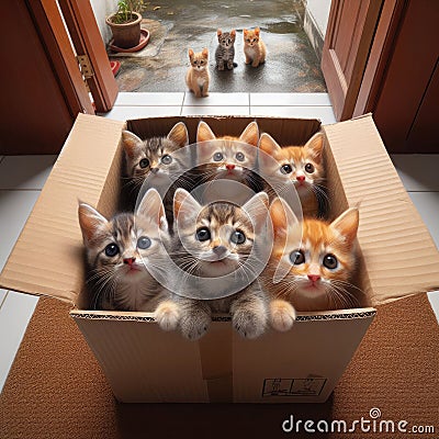 Kittens abandoned in cardboard on front doorstep Stock Photo