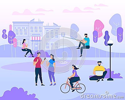 Scene with Active Family Vacation, Park Activities Vector Illustration