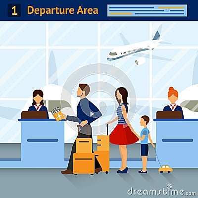 Scene In Airport Departure Area Vector Illustration