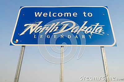 Welcome to Legendary North Dakota Road Entry Sign Stock Photo