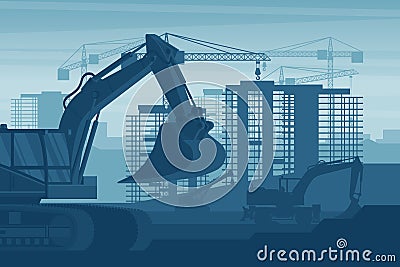 Scene background of heavy machinery excavator, telescopic crane, wheel excavator, working in a city building construction industry Vector Illustration