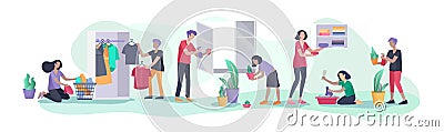 Scene with big family doing housework, kids helping parents with home cleaning, washing dishes, fold clothes, cleaning Vector Illustration