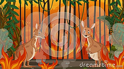 Scene with big wildfire with animal trapped in the forest Cartoon Illustration