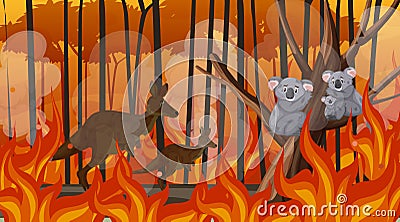 Scene with big wildfire with animal trapped in the forest Vector Illustration