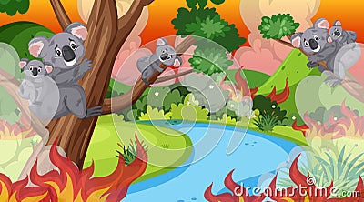 Scene with big wildfire in the forest full of koalas Cartoon Illustration