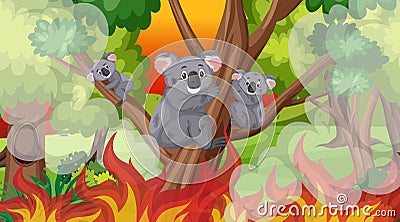 Scene with big wildfire and koalas trapped in the forest Vector Illustration