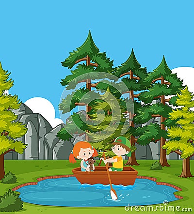 Scene with boy and girl rowing boat in the park Vector Illustration