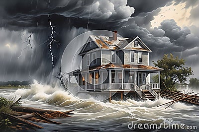 A Scene Capturing a Destroyed House Amidst a Severe Storm: Rushing Floodwaters Surrounding the Remnants Stock Photo