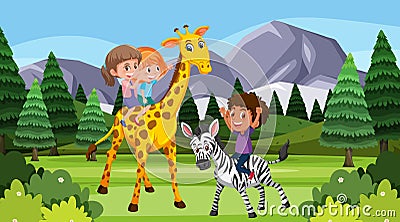 Scene with children playing with animals in the park Vector Illustration