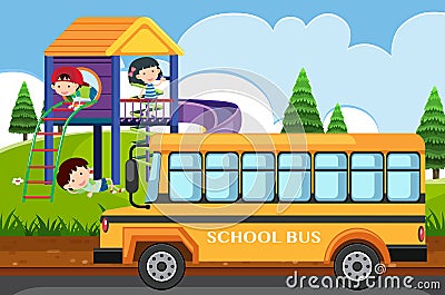 Scene with children playing in park and school bus Vector Illustration