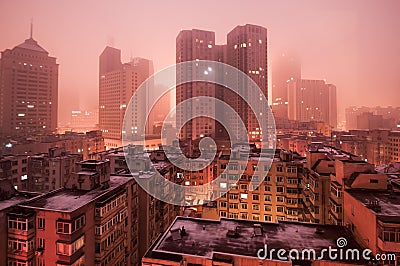 Scene of cites covered by fog. Stock Photo