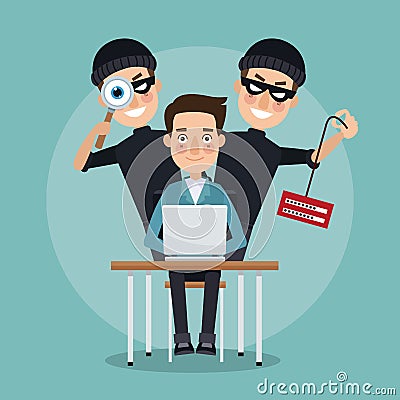 Scene color programmer man in desk with laptop and pair thief men hacker stealing information and spying Vector Illustration