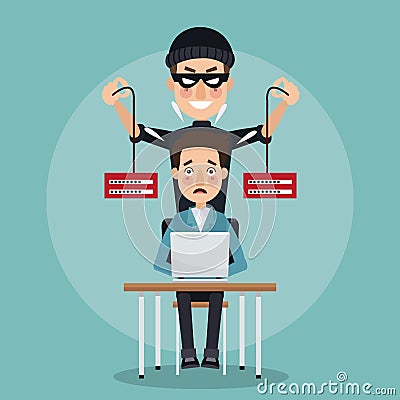 Scene color programmer man in desk with laptop and thief man hacker stealing information with pair of servers Vector Illustration