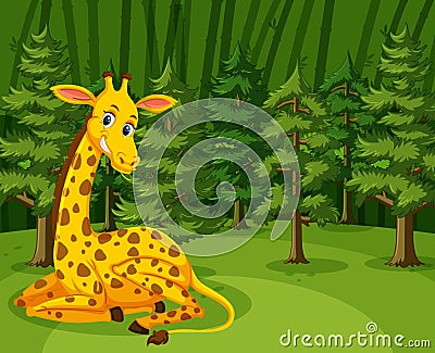 Scene with cute giraffe sitting in the big forest Vector Illustration