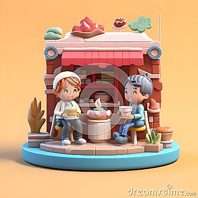 scene 3D clay icon style. boy girl couple cute kids sweet pastel little coffee shop with cake, bakery. Generative Ai. Stock Photo