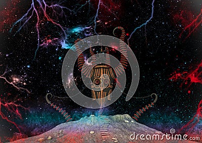 Scene of a demon mask on the outer space surround by stars, colors, and lightning bolts. Stock Photo