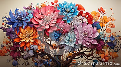 A scene depicting colorful flowers blooming inside the human brain in a creative drawing. Each flower represents a different Stock Photo