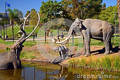A scene depicts a mammoth getting stuck in the La Brea Tar Pits Editorial Stock Photo
