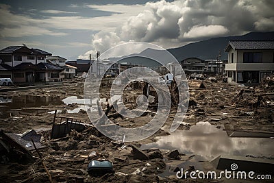 scene of devastation after tsunami, with homes and businesses destroyed and people missing Stock Photo