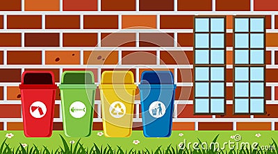 Scene with different types of garbage bins Cartoon Illustration