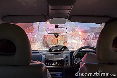 Scene driving in heavy rain day and traffic jams Stock Photo