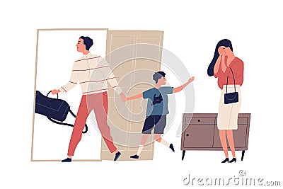 Scene of family divorce and child custody dispute. Crying mother, and father leaving with son. Husband and wife break up Vector Illustration