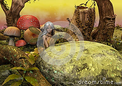 A scene of a fantasy meadow with a little fairy hidden behind a rock. Stock Photo