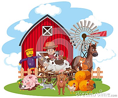 Scene with farmer and many animals on white background Vector Illustration