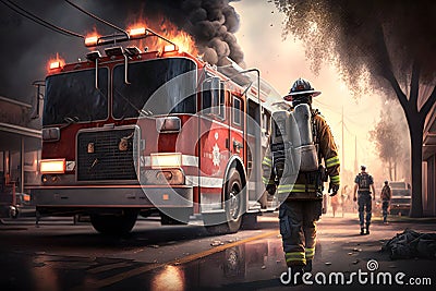 Scene of firefighter and firetruck, AI generative Stock Photo