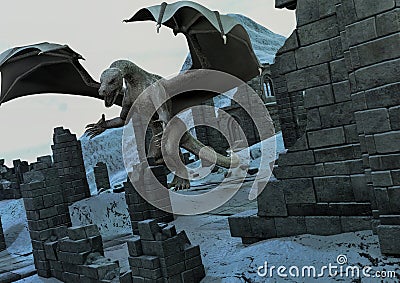 A scene with a furious dragon in the ruins of a castle. Stock Photo