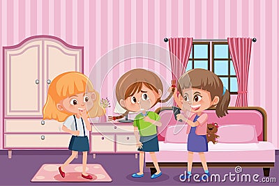 Scene with girls bullying little girl at home Vector Illustration