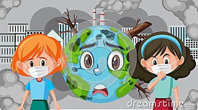 Scene with girls wearing mask and earth crying Cartoon Illustration