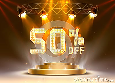 Scene golden 50 sale off text banner. Night Sign. Vector Illustration