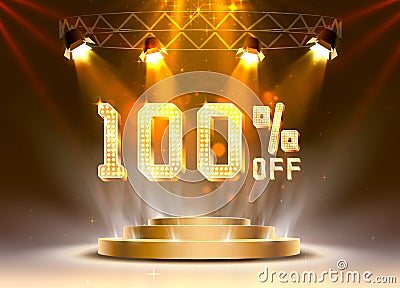 Scene golden 100 sale off text banner. Night Sign. Vector Illustration