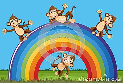 Scene with happy monkeys and big rainbow in the park Vector Illustration