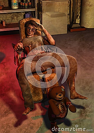 A scene of a haunted teddy bear with a corpse sitting in a dirty chair. Stock Photo