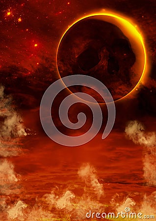 A scene with an infernal background, an orange moon and a skull on it. Stock Photo