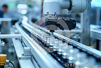 the robot arm is operating automatically on the production line Stock Photo