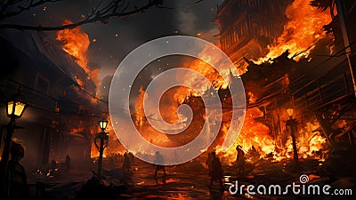 Scene of a town on fire illustration Stock Photo